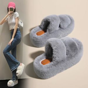 Floplar Yaz Ev Kürk Kürk Slaytlar Peluş Terlik Kabarık Flip Flops Platformda Lüks Kayma Kadın 2023 Zapato de Mujer Tasarımcı