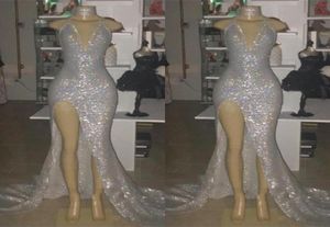 Sexy Tiefem V-ausschnitt Hohe Split Prom Kleider 2019 Silber Meerjungfrau Pailletten Afrikanische Kleider Vestidos Frauen Arabisch Abend Party Dress3808233