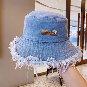 Summer Unisex Tassel Washed Denim Bucket Hats Fashion for Women Wide Brim Foldable Panama Cap Outdoor Beach Fishermans Hat 240311