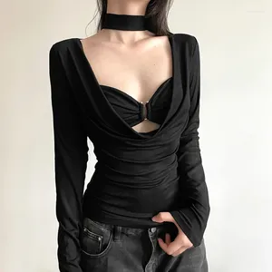 Women's T Shirts 2024 Spring High Street V-Neck Pleated Casual Black Long-sleeved T-shirt Women Sexy Slim Camisole Two-piece Suit