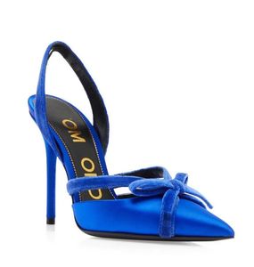 24S Caminhada de Verão Luxo Cetim Veludo Bow Sandálias Sapatos Mulheres Azul Salto Alto Dedo Apontado Vermelho Preto Slingback Bomba Festa Casamento Salto Tom Fords Vestido Sapato EU35-43.Box