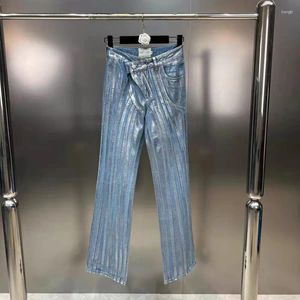 Women's Jeans PREPOMP 2024 Spring Collection Skew Buttons Waist Silver Striped Blue Denim Pants Women Long GP303