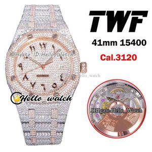 Relógios de jóias TWF Gypsophila Dial 15400 Cal 3120 RF3120 Relógio automático masculino dois tons rosa ouro pavimentado CZ totalmente gelado diamante 220J