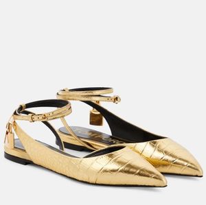 2024 Summer Walk Luxury Women Lucchetto Sandali in pelle Scarpe Lock Key Nude Nero Oro Ballerine in pelle Easy Wear Lady Party Tom Ford Abito da passeggio EU35-43 Box