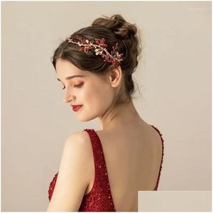 Hårklämmor Barrettes Red Crystal Women Pannband Vine Gold Color Leaf Bridal Tiara Handmade Party Prom Ornament Drop Delivery Jewely H Otvbu