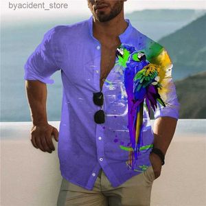 Erkekler sıradan gömlek 3d papağan baskı erkekler sosyal gömlek hawaii plaj tatil uzun kollu yaka üst erkekler gündelik Camissa masculina l240320