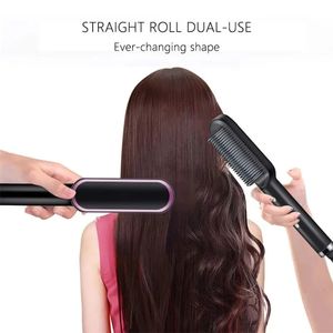 Multifunktionellt hårstrånare Brush Negative Jon hårrätning kam 2 i 1 hår curler rätning borste för lockigt 240306
