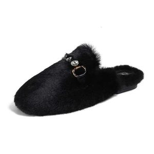 Shoes for Women in Autumn and Winter Fury Wearing Internet Red Lazy Mens Mink Fur Bun Half Slippers with Plush Cotton Size 41-43 T7OU