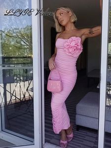 3D Flower plisted Pink Women Sukienka Sexy bioderowa opakowanie bez rękawów top szczupłe sukienki 2024 Spring Party Chicka 240314