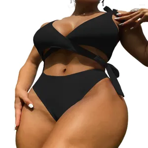 Women's Swimwear FS Sexy Women Black Deep V Neck Backless Monokini Hollow Out Bikini Set Lady Solid Beach Style Swimsuit One Piece 2024