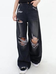Jeans femininos rua retro angustiado para mulheres no outono de 2024 solto encaixe bf cintura alta magro e pernas largas