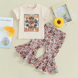 衣料品セット幼児の女の女の子の夏の衣装半袖Tシャツトップス花フレアパンツボーホヴィンテージ服セット6m-4t