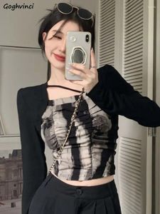 Mulheres Camisetas Tie Dye T-shirts Mulheres Doce Casual Slim Crop Tops Coreano Moda Ulzzang Senhoras Temperamento All-Match Square Collar Primavera