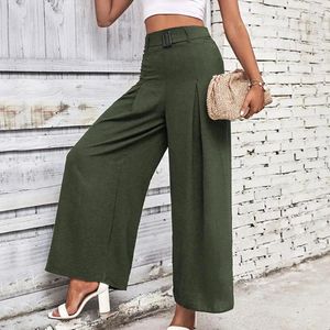 Calças femininas Mulheres Flowy perna larga para cintura alta ajustável fivela calças trabalho streetwear confortável verão