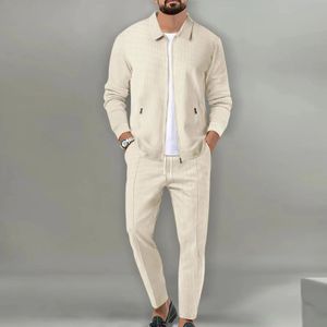 Spring Autumn Mens Two Piece Set Solid Waffle Zipper Pocket Turndown Collar Slim Fit Cardigan Coat And Long Pants Suits 240312