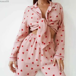 home clothing 2024 Spring Pajamas Womens 100% Cotton Printed Pajamas Loose Pants Valentines Day Love Two Piece Set Womens Home Furniture SetL2403