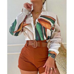 Designer Women's Casual Set 2024 New Summer Women's Wear Womens Set Light Mature Digital Printing Standing Collar Long Sleeve Shirt Womens Top Fashion Shorts47d0