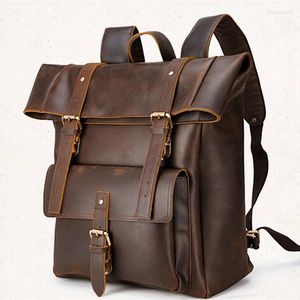 Mochila retro crazy horse couro masculino grande capacidade 17-inch computador saco ao ar livre portátil mochilas de viagem sacos de escola de couro