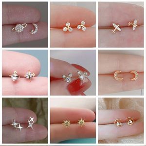 Stud Earrings Silver Plated For Women Korean Version Zircon Star Moon Cute Trendy Fashion Ear Piercing Jewelry Accessories