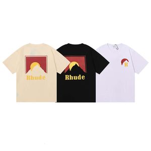 Trendy RHUDE Sunset Design Printed Short T-shirt for Men and Women Couples High Street Half Sleeved Bottom Shirt