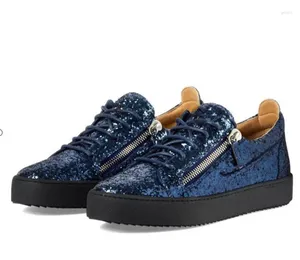 Casual Shoes Qianruiti Men Blue Black Sequins Sneaker Top Zipper Flat Thick Bottom Creepers Lace-up Zapatillas Hombre EU38-EU46