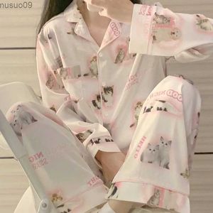 home clothing High quality ice silk cute cat print summer new thin pajamas womens spring and summer silk home clothing set pajamasL2403