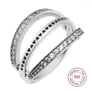 Cluster Rings Authentic 925 Sterling Silver Ring Clear CZ Flipping Hearts Finger For Women Wedding Elegant Original smycken Partihandel