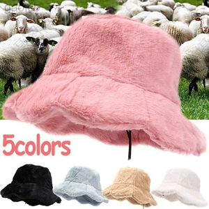 Wide Brim Hats Bucket Hats Plush Falbala bucket hat cute girl wide Brim round fisherman hat womens fashionable winter fluffy cashmere warm hat 24323