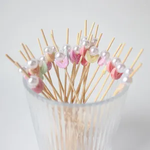 Garfos palitos de dente elegantes, flor de pérola falsa, palitos de frutas para buffet, decoração de cupcake, coquetel de bambu 100, cozinha