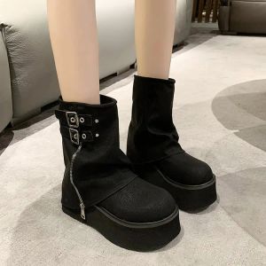 Boots 2024 Winter Platform Ankle Boots Women Fashion Belt Short Pipe Botas Ladies Retro Thick Sole Shoes Women Knight Booties