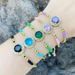 Charm Bracelets Round Disc Green Crystal For Women Adjustable Rope Chain Candy Color Jewelry Brtm54