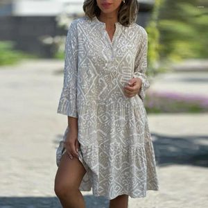 Casual Dresses Polyester Dress Bohemian Geometric Print Midi med tre kvart ärmar A-line lapptäcke för kvinnor vår sommar