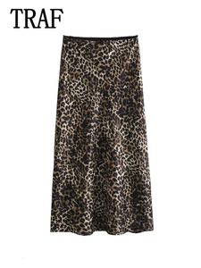 Traf feminino vintage chique leopardo saia moda primavera verão férias zíper longo reto 240321