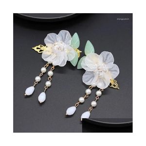 Fermagli per capelli Mollette Stile antico Clip cinese Fiore bianco Foglia verde Accessori Hanfu Forcine per ragazze Copricapo da sposa Gioielli Goccia Otbkl