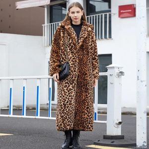 Kvinnors päls peritang leopard tjock faux kappa kvinnor vinter fluffy maxi varm ytterkläder lyxjacka elegant mujer bontjas långa rockar