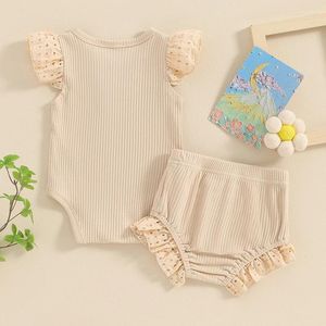 Kläder sätter Ribbed Knit outfit Baby Girl Romper Shorts Set Ruffle Sleeve Solid Button Shirt Topps Born Bloomers