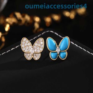 Designer Luxusmarke Schmuck Vanl Cleefl Arpelsstud Ohrringe 952 Silber Gold Schmetterling für Frauen mit asymmetrischen blauen Emaille-Ohrringen