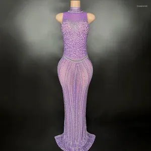 Casual Dresses Violet Color Luxury Diamonds Sexy Transparent Mesh Dress Celebrate Birthday Evening Party Singer Stage Performance Wear