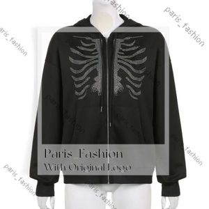 Herrhuvtröjor Sweatshirts Rhinestones Spider Web Skeleton Print Black Y2k Goth Long -Sleeve Full Zip Overdized Jacket American Fashion -Saling 221206 834