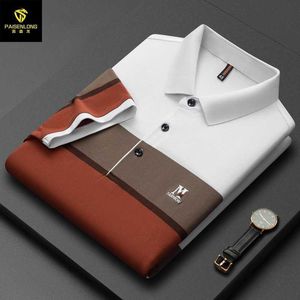 Paisenlong 2023 Mature Middle Aged Mens Short Sleeved T-shirt with Contrasting Stripes and Lapel Collar Middle-aged Mens Polo Shirt Top