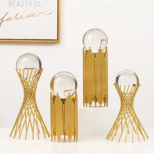 Golden Iron Crystal Ball with Geometric Stand Ornaments Desk Statues Sculpture Decor for Living Room Bedroom Office Desktop 240323