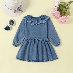 Vestidos de menina Little Fall Denim Dress manga comprida gola boneca botão frontal linha A casual