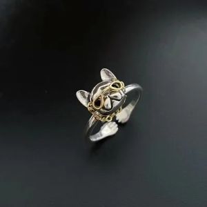 Söt hund med solglasögon 14K Gold Ring Punk French Bulldog bär kedjeglasögon Öppen fingerring smycken cool dekoration för män kvinnor