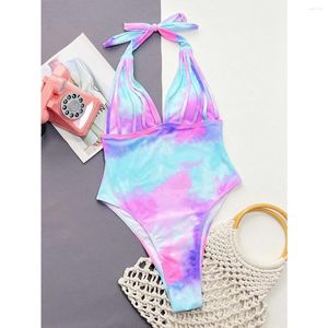 Women's Swimwear Blue Purple Tie Dyed Swimsuit For Women 2024 One Piece Fluorescent Starry Sky Color Sexy V-neck Monokini