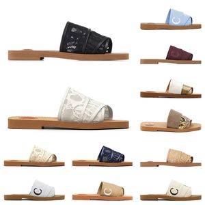 Luxurys berömda tofflor för kvinnor Cloe Kvinnor Lace Designer Woody Flat Mule Sandaler Gummiplattformar Sandaler Black White Beige Fashion Sliders Ladies Plats Slides