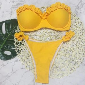 Women's Swimwear Summer Bikini Set Ruffle Trim Bandeau With Push Up Bra Mid-rise Briefs Swimsuit Split For Female