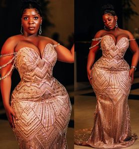 2024 ASO EBI Plus size Gold Mermaid Prom Cristalli in pizzo sequenza da sera in pizzo Formale Secondo ricevimento di abiti da fidanzamento di 50 ° compleanno abiti abiti da soiree zj4