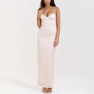 Casual Dresses Pink Satin Spaghetti Strap Elegant Women Beautiful Dress Maxi Formal Occasion Sexy Christmas Party 2024 LM124