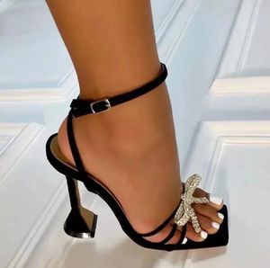 summer high-heeled sandals fashion Crystal bow sandals women's shoes rhinestone buckle decorated with square high-heeled sandals