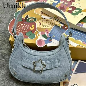 Women Shoulder Handbag Denim Y2K Casual Hobos Star Decor Solid Color Fashion Gift for Girls Ladies Purse Tote Bag 240305